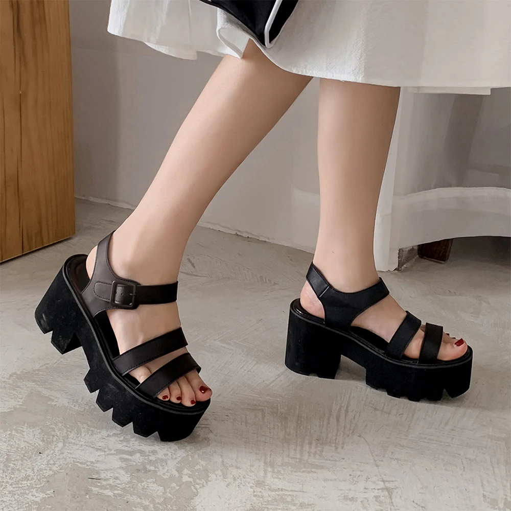 Black Platform Sandals With Buckle Straps Cushioned Insole For Women Casual Everyday