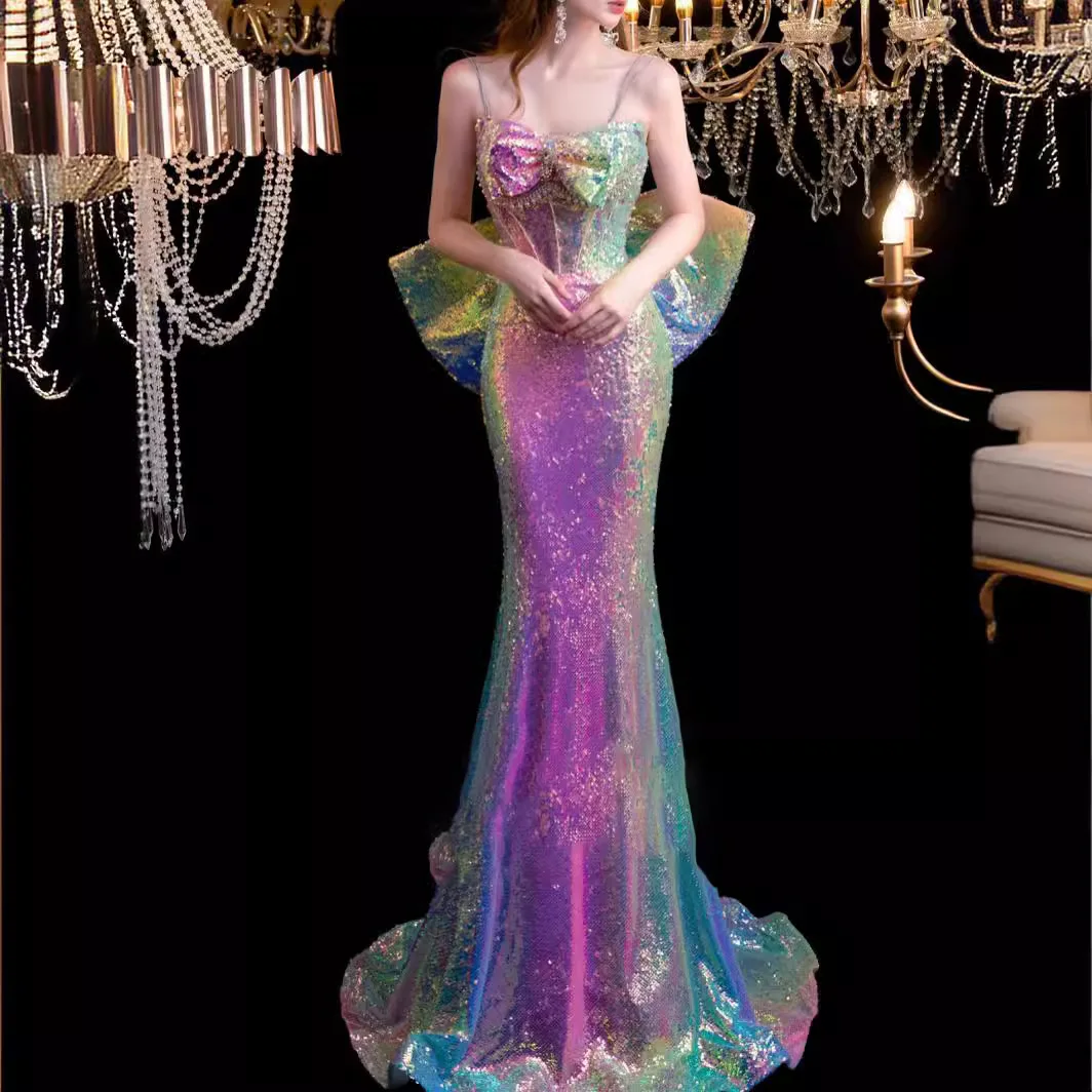 

Novelty Bling Sequins Evening Party Dress Women Qipao Cheongsam Sexy Strapless Mermaid Celebrity Banquet Dress Luxury Prom Dress