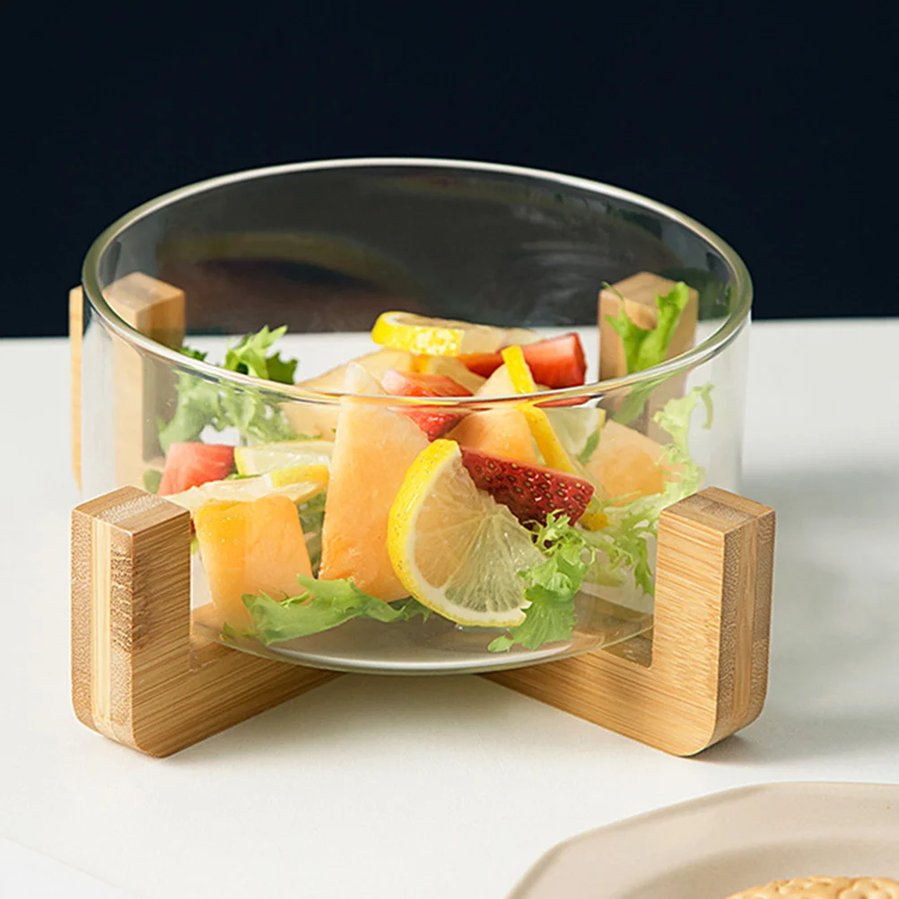 

Glass Salad Bowl Transparent Heatproof Fruit Storage Bowl With Wooden Base Salad Serving Containers Kitchen Gadgets Accessories