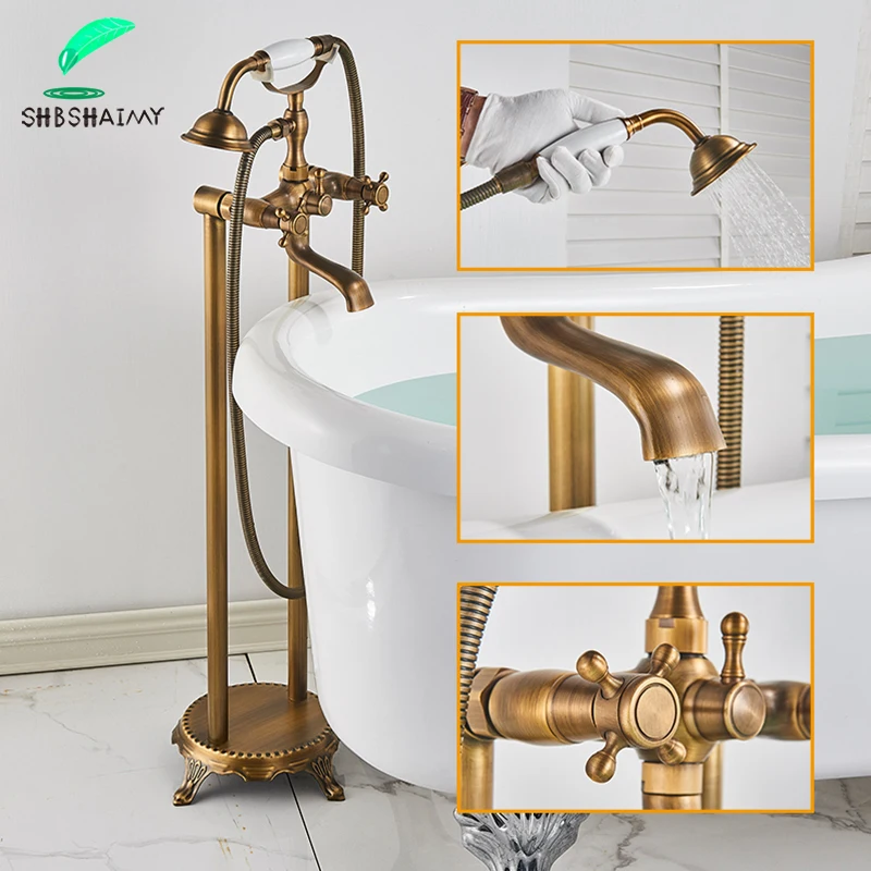ทองเหลืองโบราณชั้นติดตั้งอ่างอาบน้ำก๊อกน้ำแบบDualยืนก๊อกน้ำทองเหลืองหมุน150ซม.สายฝักบัว 1