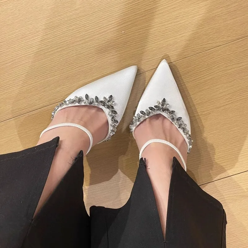 

Outdoor Wear Rhinestone Strap Sandals Satin White High Heels Women Stiletto Heel Pointed Toe Slippers Sandalias Mujer Verano