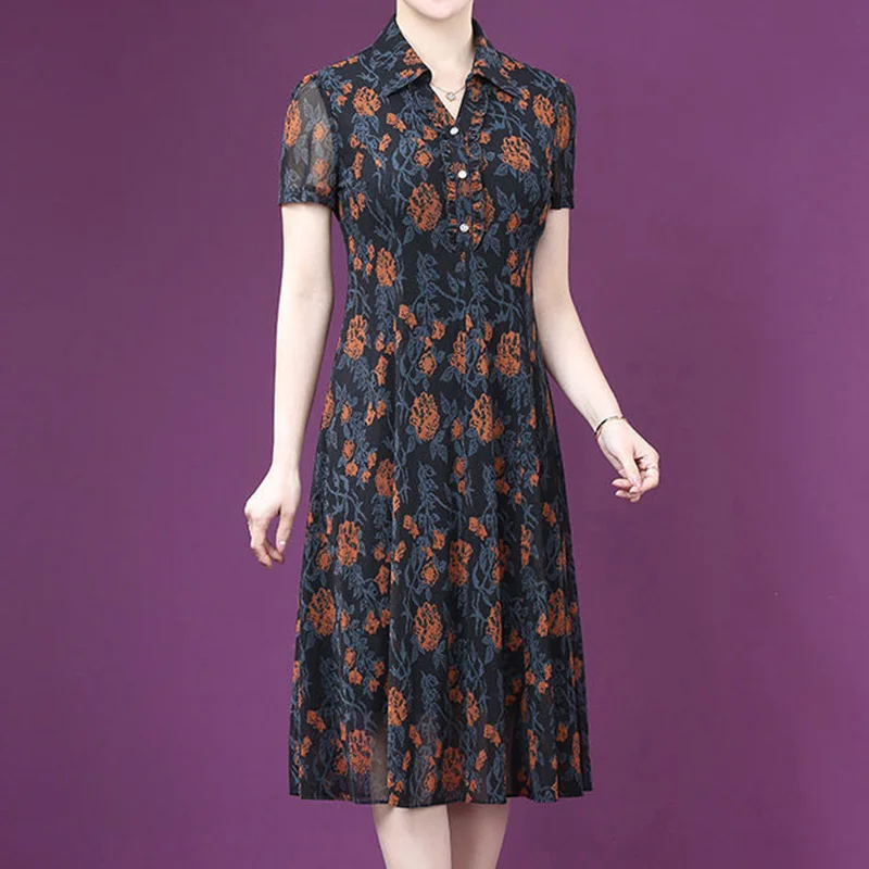 

Elastic Printing Small Turn-down Collar Knee Length A-line Skirt Female Simplicity Splicing Button Ice Silk Short Sleeve Dresses