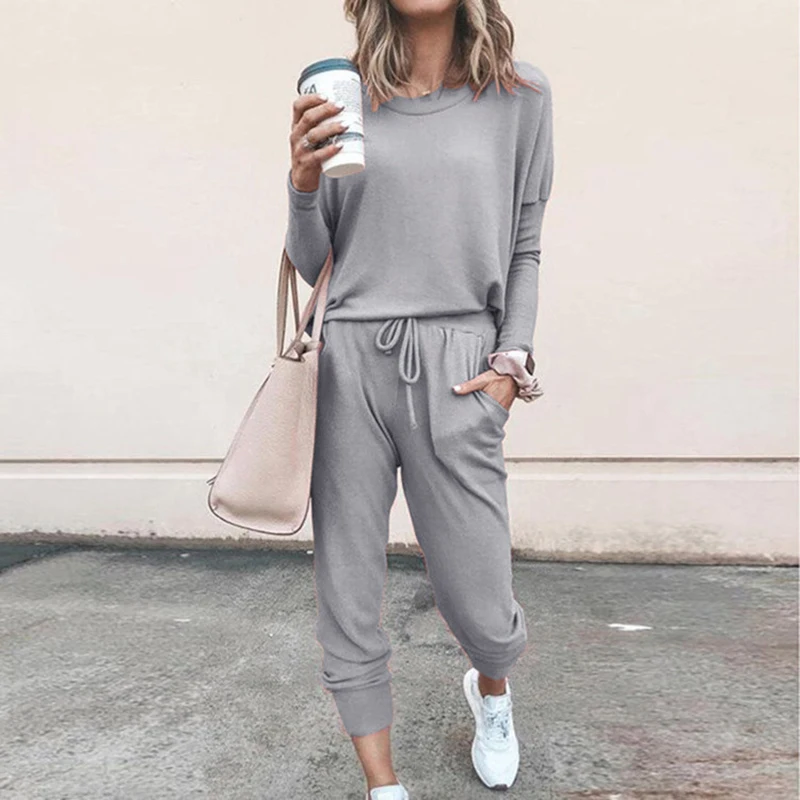 

Two Pieces Set Women Tracksuit Long Sleeve Sportswear O Neck Blouse Top Drawstring Pant Sport Suit Autumn Winter Set Solid Color