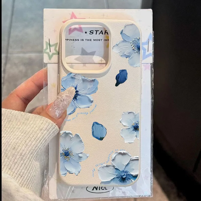 Elegant Blue Oil Painting Flower Phone Case - Faux Leather Cover