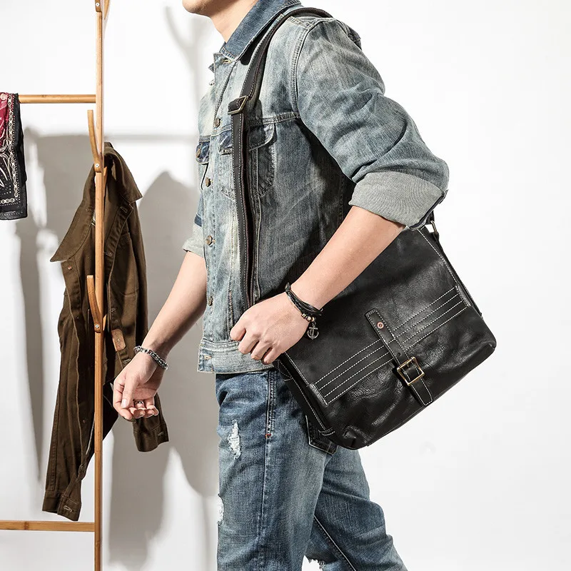 

Fashion casual genuine leather men's messenger bag outdoor travel designer luxury real cowhide large capacity black shoulder bag