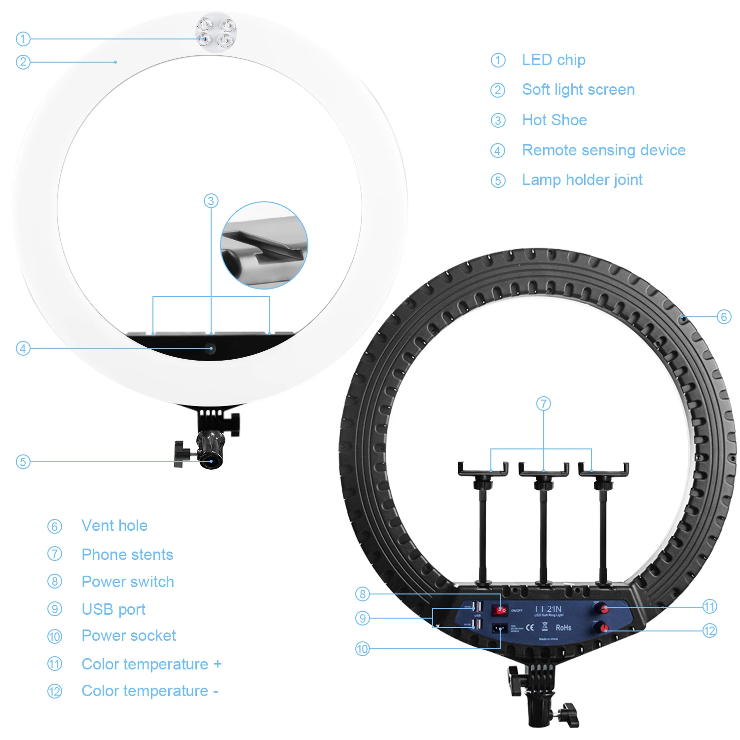 Fosoto FT-21N 21 Inch LED Photography Light Dimmable USB Charge Ring Lamp with Tripod Remote For Makeup Youtube Lighting 5