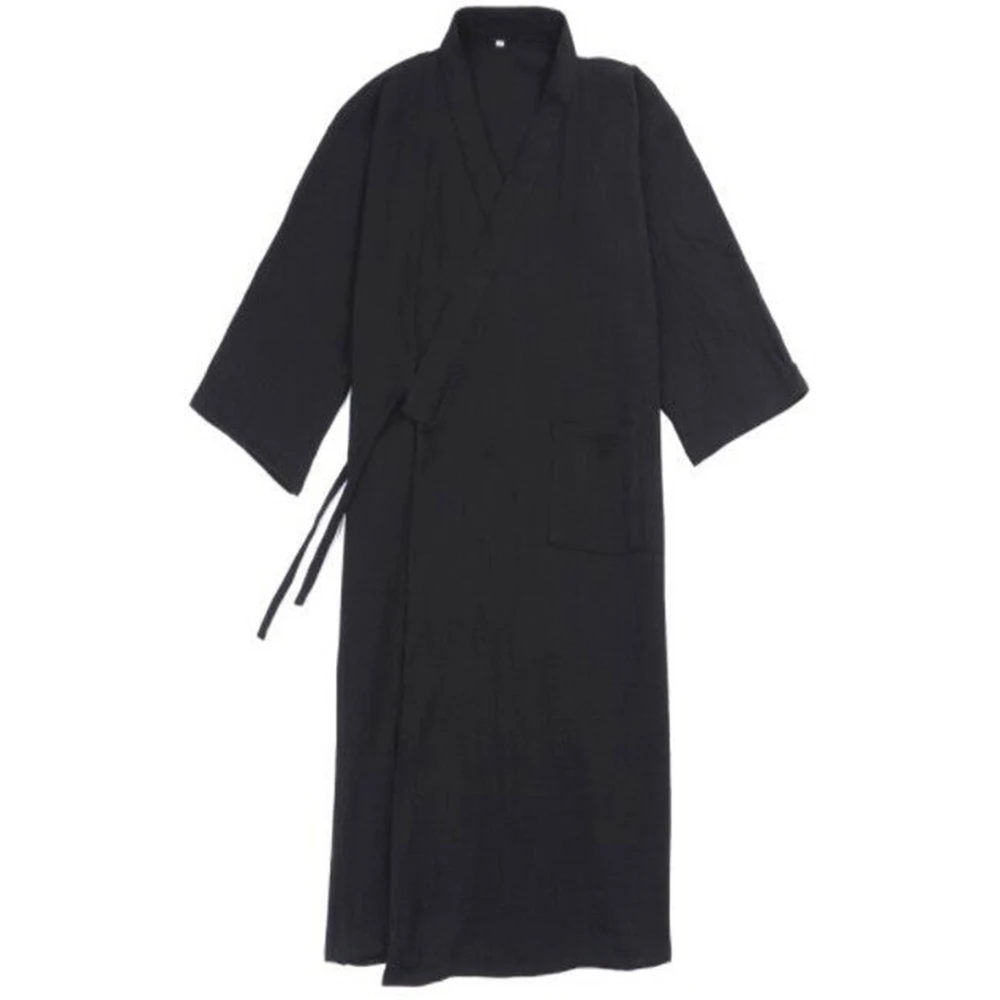 Men Casual Japanese Kimono Yukata Long Sleeve Bathrobe Pajamas Lace-up Belt Cotton Loose Homewear Solid Color Sleeping Robe