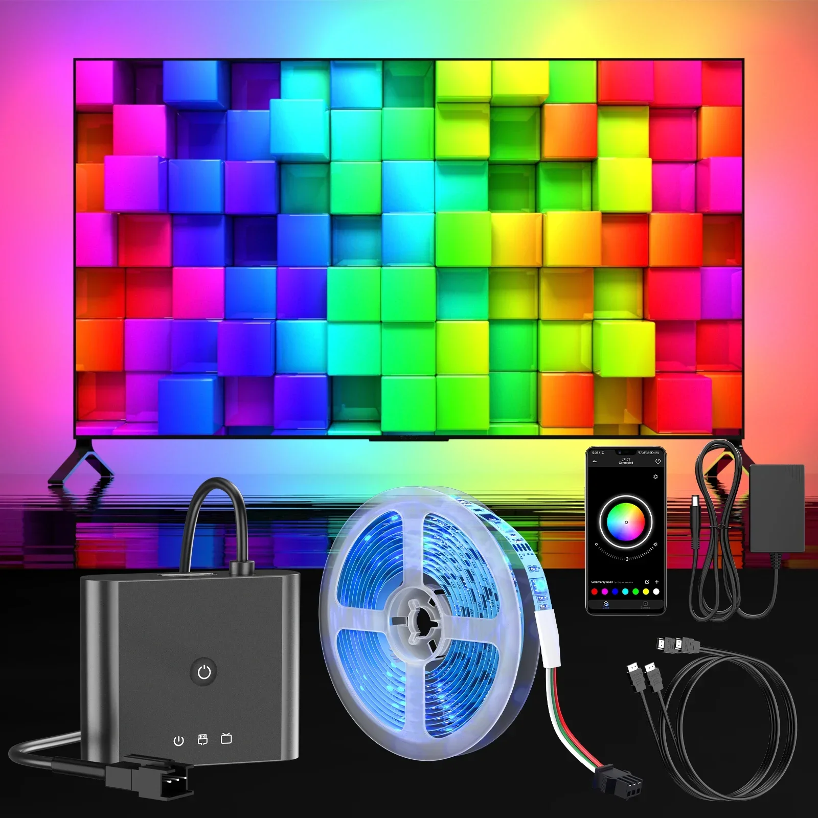 뮤직 비디오 와이드 스크린 필름 모드 HDMI TV LED 백라이트 싱크박스 RGB LED 테이프, TV용 비디오 스트립 조명 키트 포함, 35-77 인치