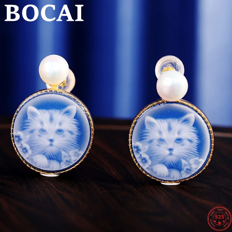

BOCAI S925 Sterling Silver Earrings 2022 New Fashion Blue Agate Relief Little Cat Ear Studs Pure Argentum Jewelry for Women
