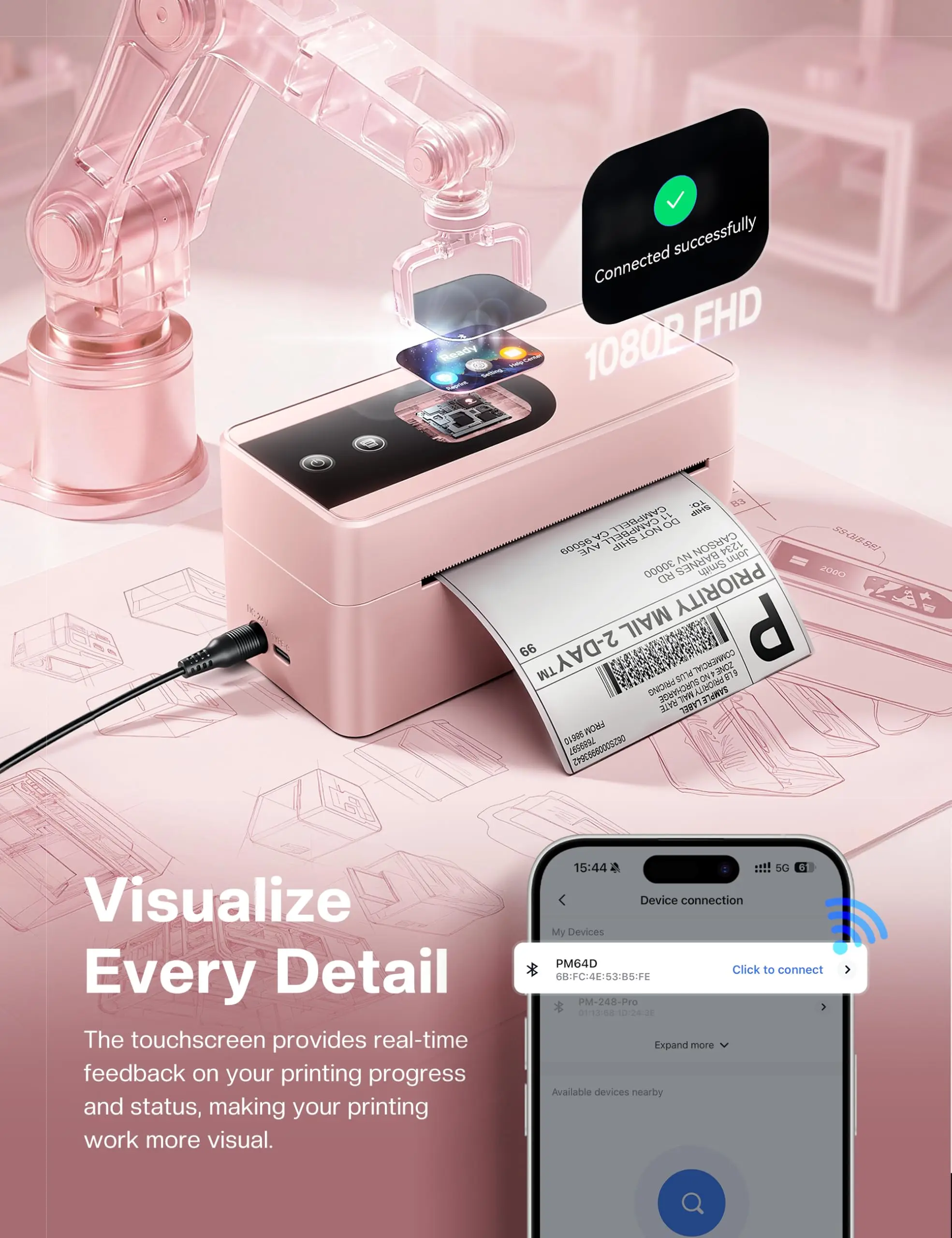 포모모 PM64D 감열 라벨 프린터 4x6 터치스크린, 블루투스 무선 배송 라벨 프린터 (소규모 사업용)