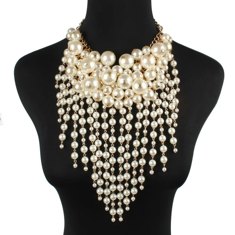 

Multi-Layer White Imitation Pearl Necklace Bead Chain Punk Ladies Wedding Long Clavicle Necklac Girl Charm Banquet Jewelry