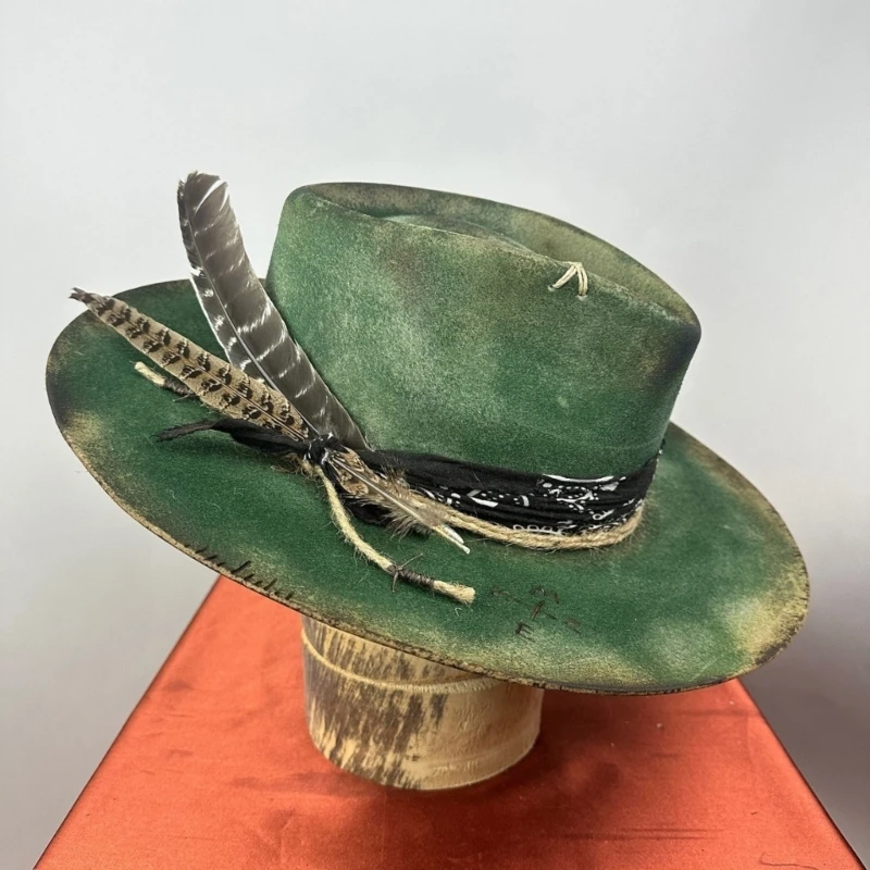 Wool Top Hat Homburg Fedoras Exotic Belt Distressed Victorian Age Classical Porkpie for Boy Men Adults