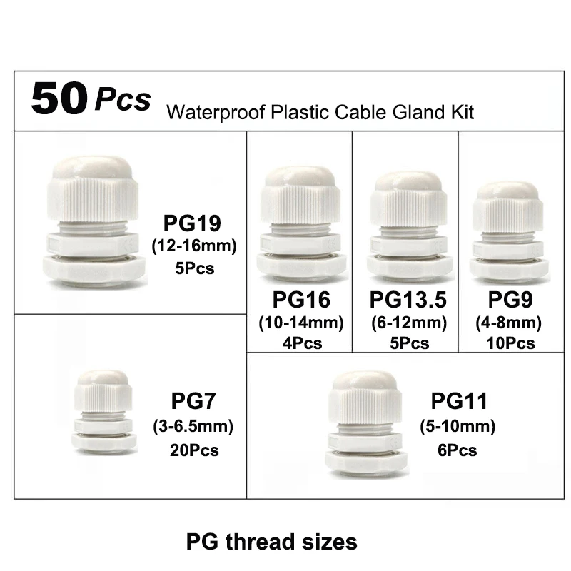 50pcs Plastic Cable Glands Waterproof PG7 PG9 PG11 PG13.5 PG Thread Cord Grips Connectors Wire Mangement Joint Set Box Outdoor