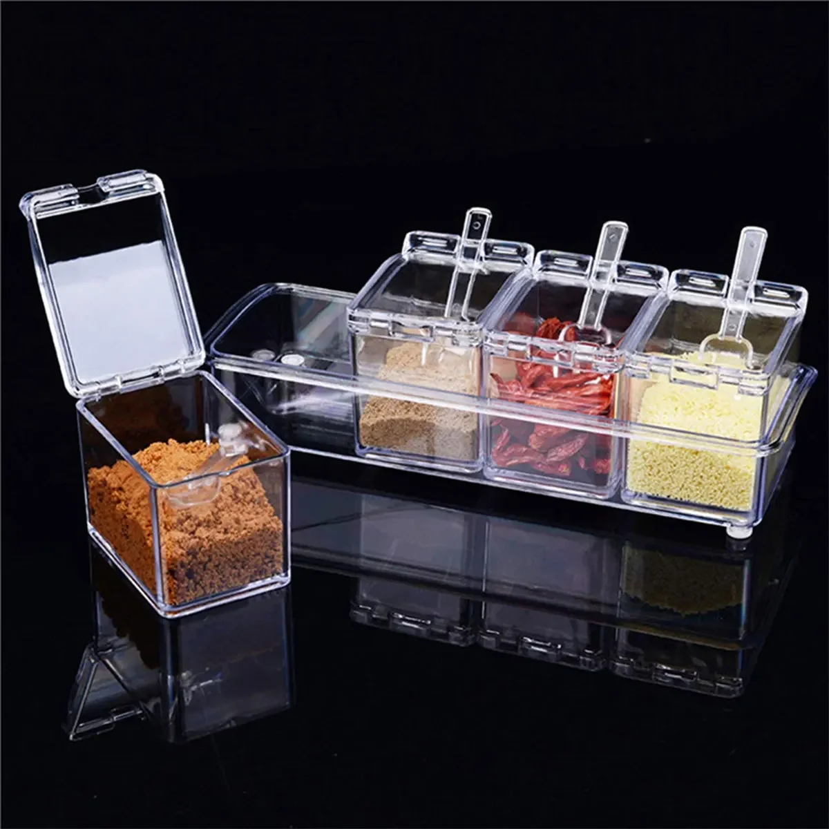 Clear Seasoning Box, Set of 4 Crystal Seasoning Storage Container with Spoon Clear Rack Spice Pots for Pepper Spice
