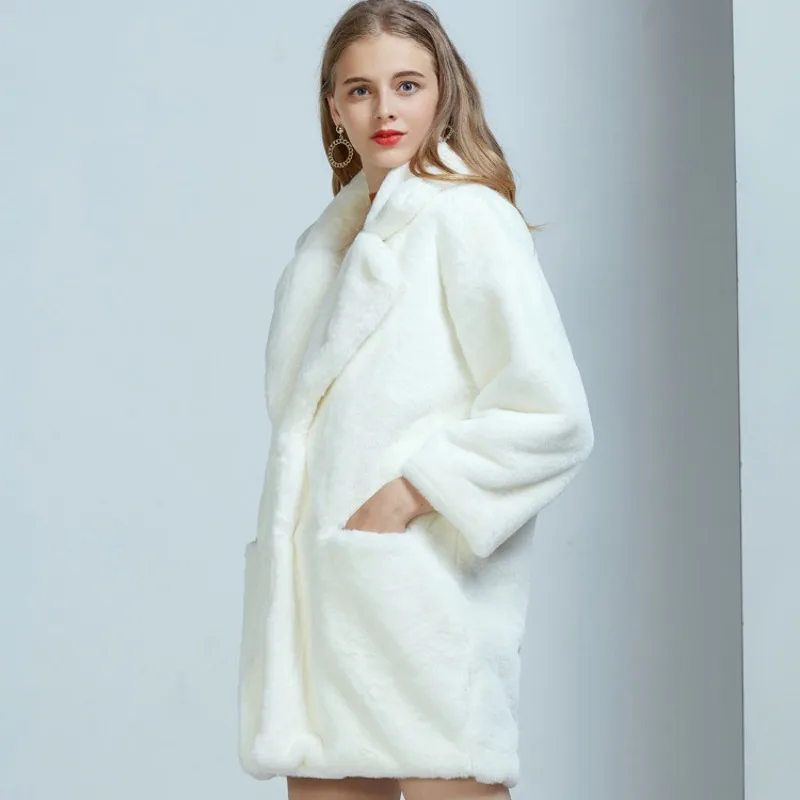 Winter New Faux Rabbit Fur Coat 2023 Women Imitation Fur Mid-Length Fashion loose Outwear thicken keep warm solid color parkas