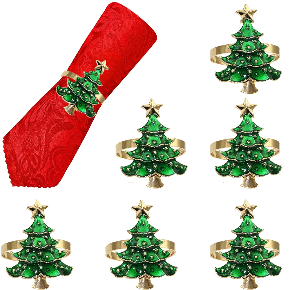 Rustic Christmas Tree Napkin Rings Green Xmas Tree Napkin Holder for Christmas Thanksgiving Wedding Dinning Table Setting 6Pcs