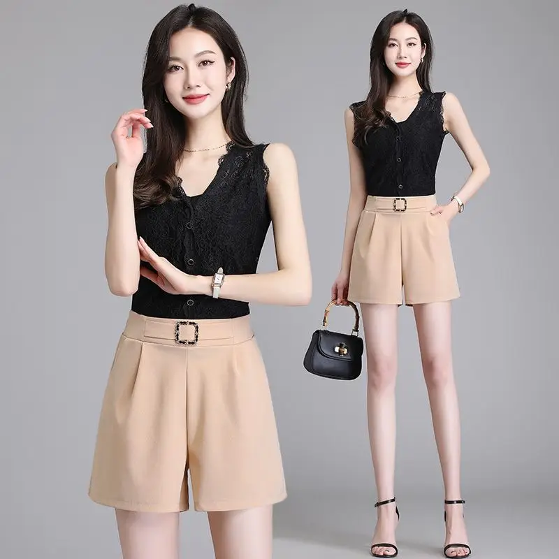 thumbnail image 1 of Mujer verano elegante moda coreana Color sólido simplicidad pierna ancha ropa de mujer temperamento todo-fósforo Sexy pantalones cortos casuales, 1 of 5
