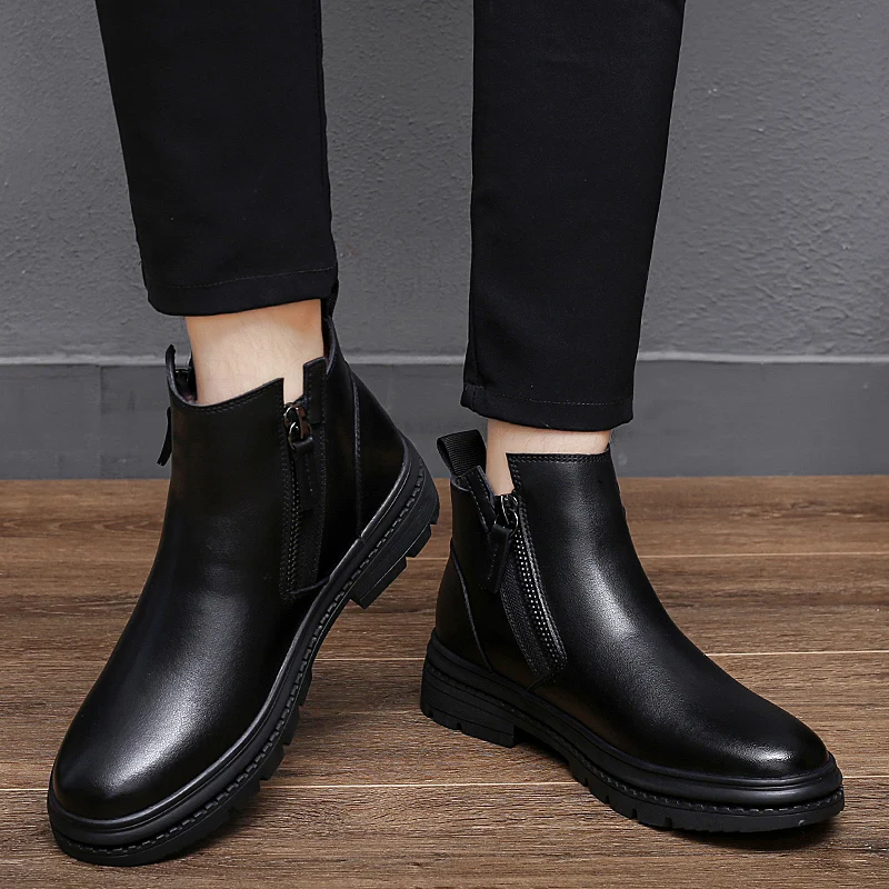 Man Winter Chelsea Boots Fur Warm Male Casual Genuine Leather Shoes Designer Men's Dress Boot Handmade Zipper Business Footwear chelsea boots men leather boots
