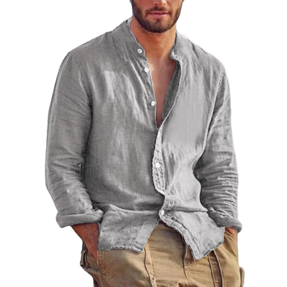 Men's Long Sleeve Shirt Linen Cotton Shirts Stand Collar Casual Beach Tops linen shirt,cotton shirt