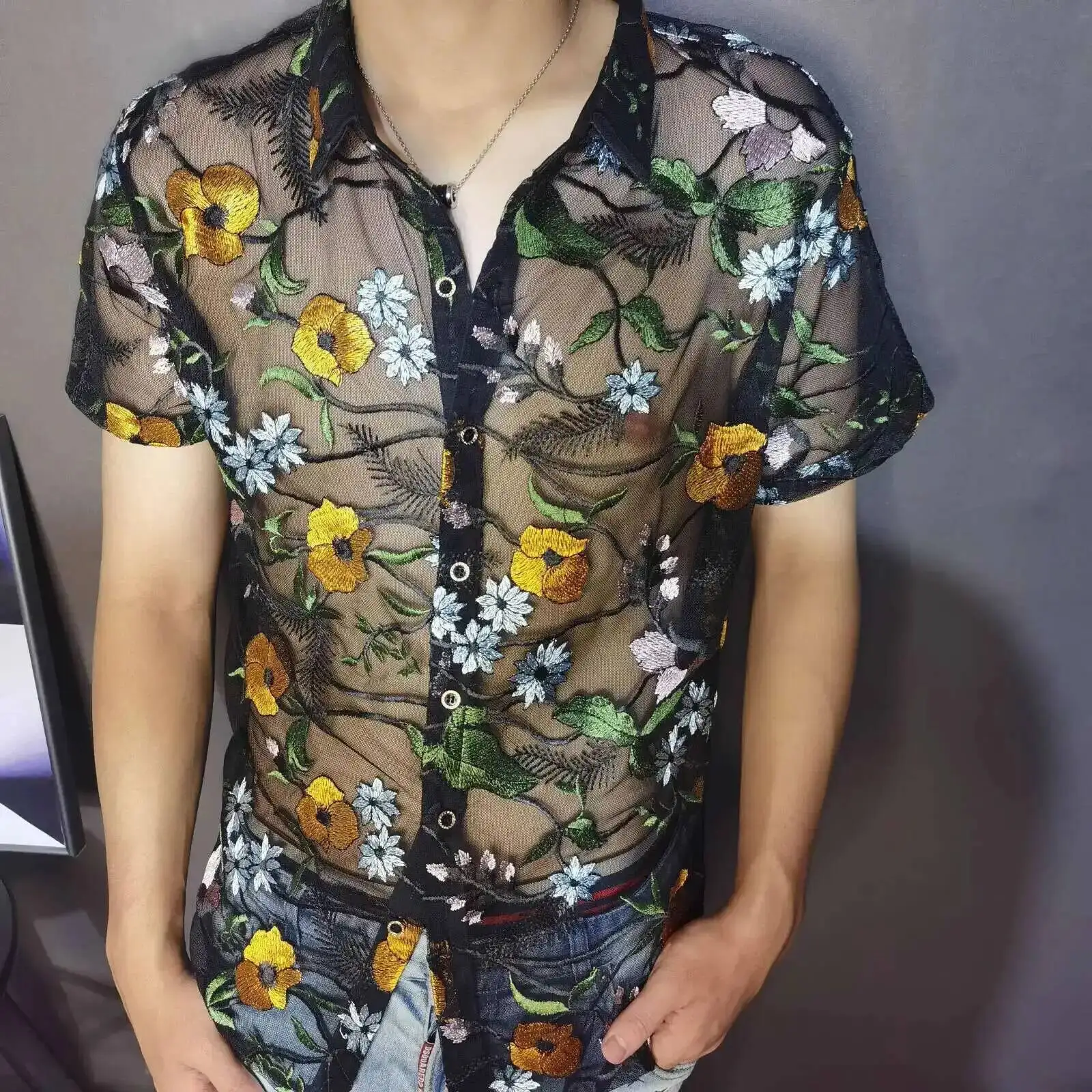 Luxe Mesh Transparent Shirt Summer Short Sleeve Shirt Flower Lace