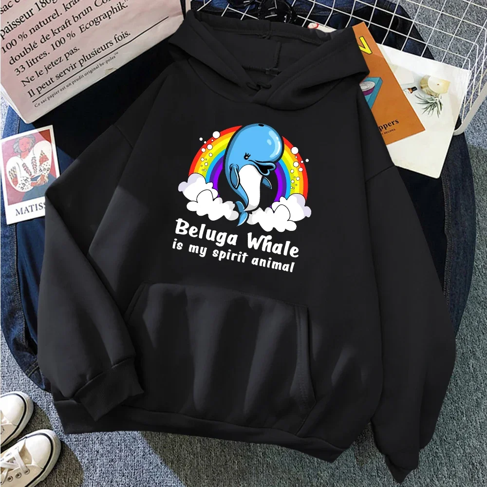 

Woman Casual Oversize Top Winter Harajuku Kawaii Animal Lady Sweatshirts Women Hoodie Blue Whale Rainbow And Cloud Print Sweater