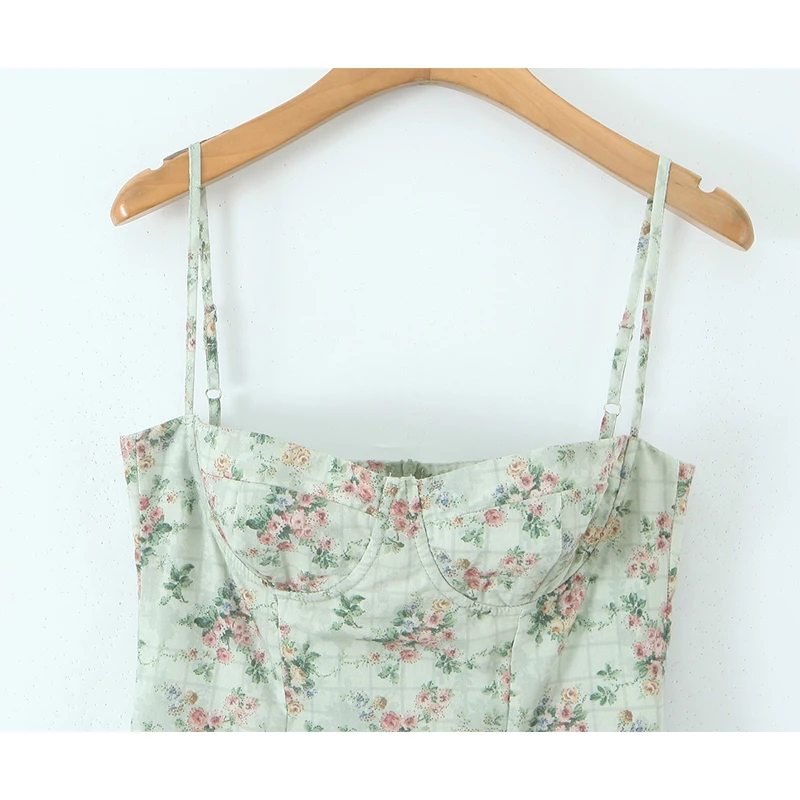 YENKYE Green Floral Print Sexy Spaghetti Straps Dress Women Low Waist A-line Midi Holiday Summer Dresses Party Robe 2025 Vestido 4
