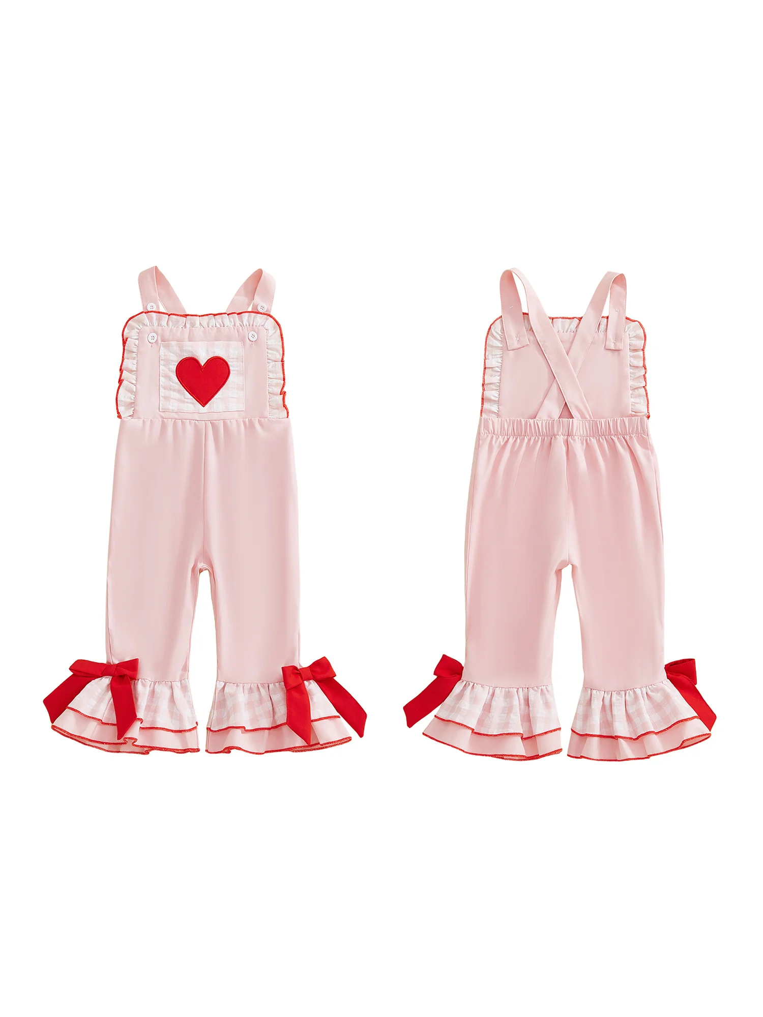 Girls Heart Print Overalls Plaid Flare Pants with Bow Detail Perfect Valentine s Day Outfit for Everyday Wear