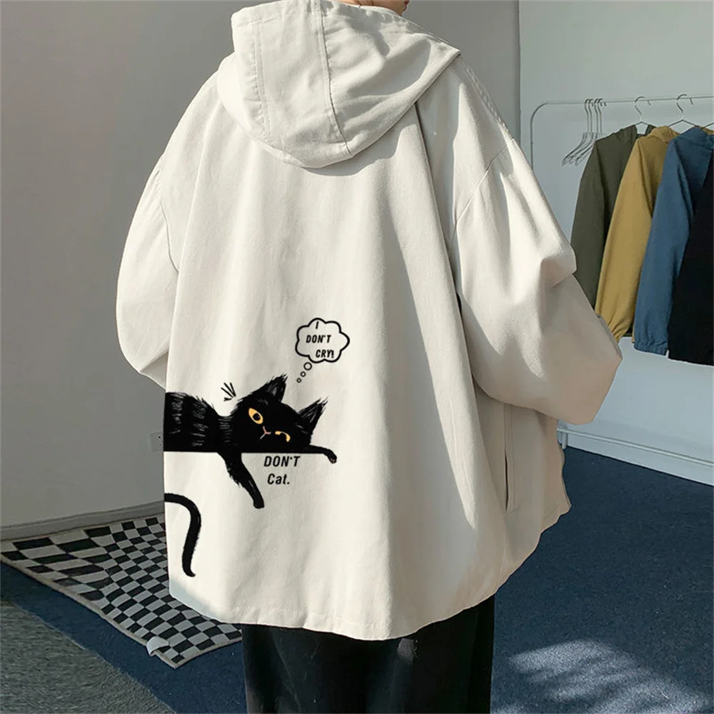

Cool Zip Up Cat Print Jacket Boy Autumn Hoodie Casual Long Sleeve Loose Harajuku High Street Tops Streetwear Men Punk Clothes
