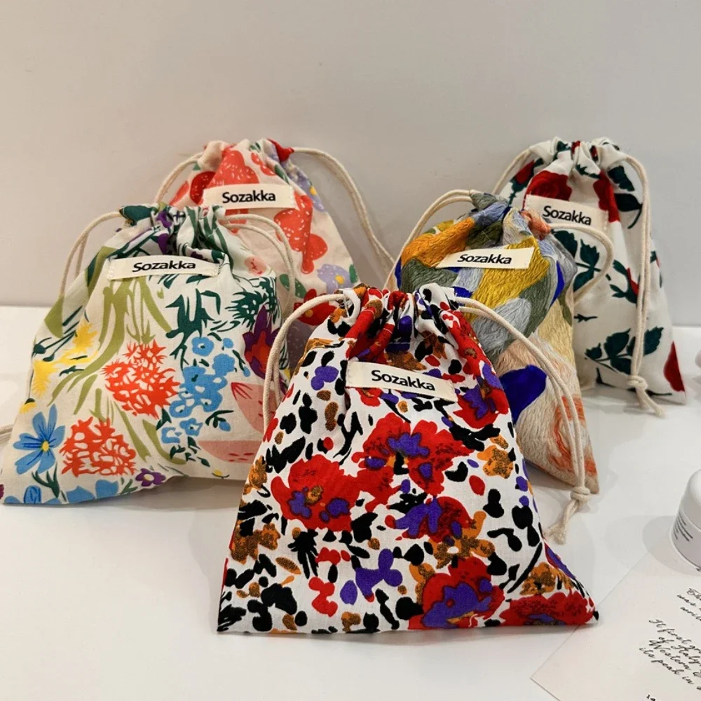 Cotton Fabric Floral Small Drawstring Bags Lipstick Toiletry Makeup Organizer Coin Pocket Bags Purse Keys Earphone Storage Bag