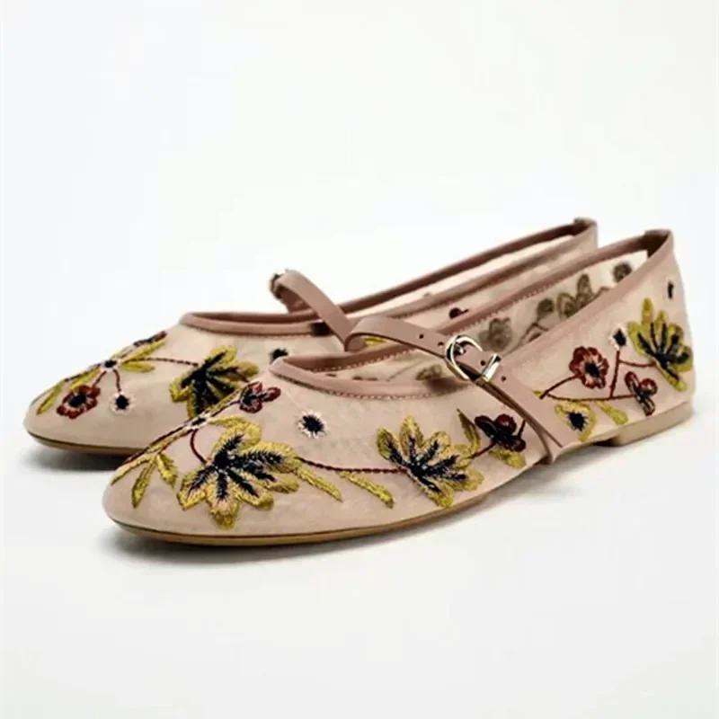 New Mesh Breathable Ballet Flats Women Luxury Designer Embroidered Flower Mary Jane Shoes Light Comfort Low Heeled Summer Flats 2