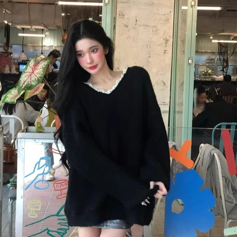 New Autumn and Winter Women's Clothing V-neck Lace Long-sleeved Sweater Elegant and Sexy Backless Big Bow Knitwear Loose Top
