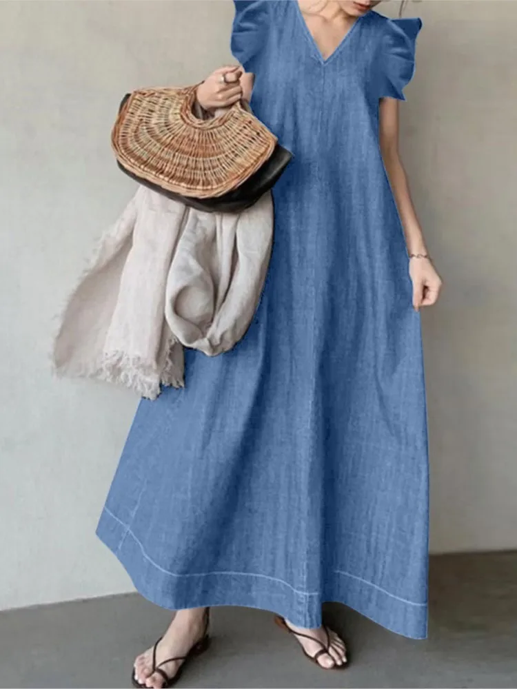 

One Piece Denim Korean Fashion Dress for Women 2024 Spring Summer Ladies Oversized Casual Maxi Jean Long Dress Robe Female