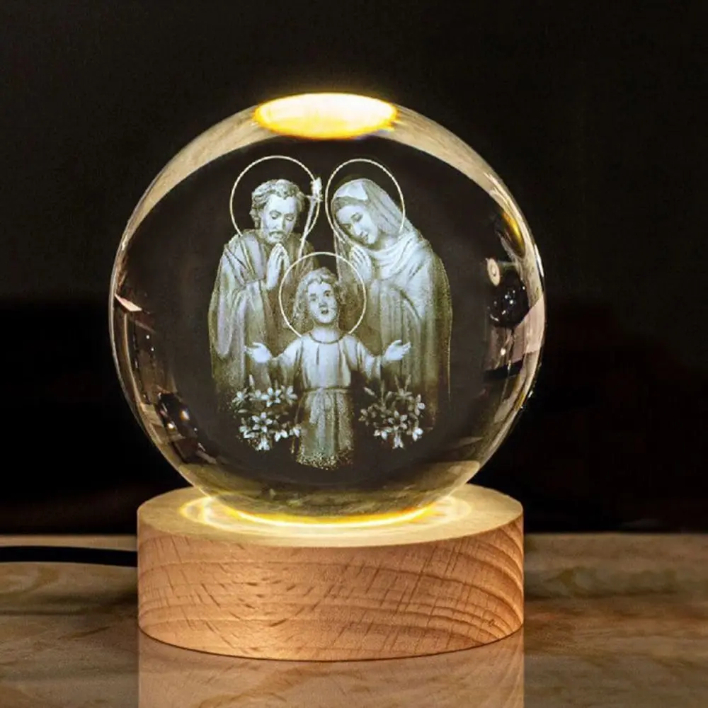 Handicraft USB Light Wooden Crystals Glass Ball LED Display Stand 3D Night Light Church Event Souvenir USB Light Handicraft