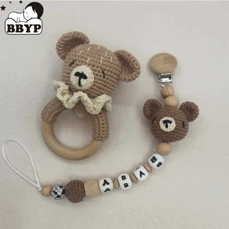 Baby Toys Baby Rattle Crochet Bear Teether Rattle With Bells Pacifier Chain Newborn Montessori Educational Toy Wooden Rings