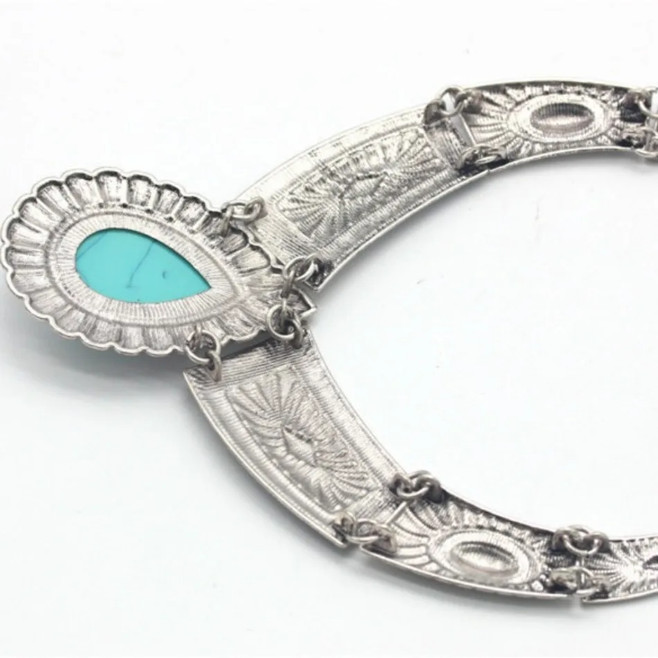 Girls Jasmine Dress Up Jewelry Aladdin Cosplay Metal Exaggerated Droplet T-necklace Retro Turquoise Pattern Collarbone Chain