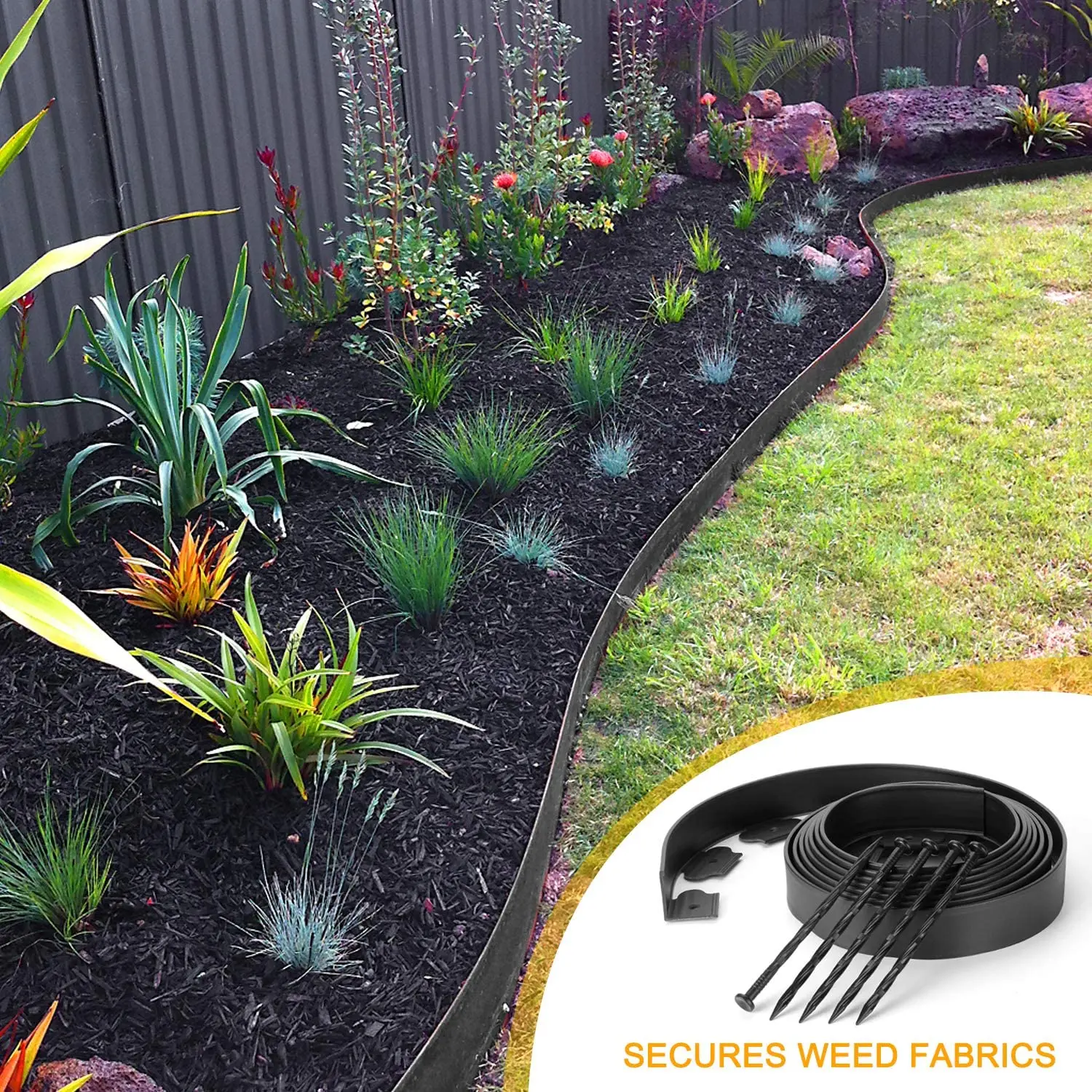 Landscape Edging 60ft Length No Digging Garden Edging Kit Include 54 Spikes, Premium Yard Edging Fence PE Carton Plastic BSCI 6