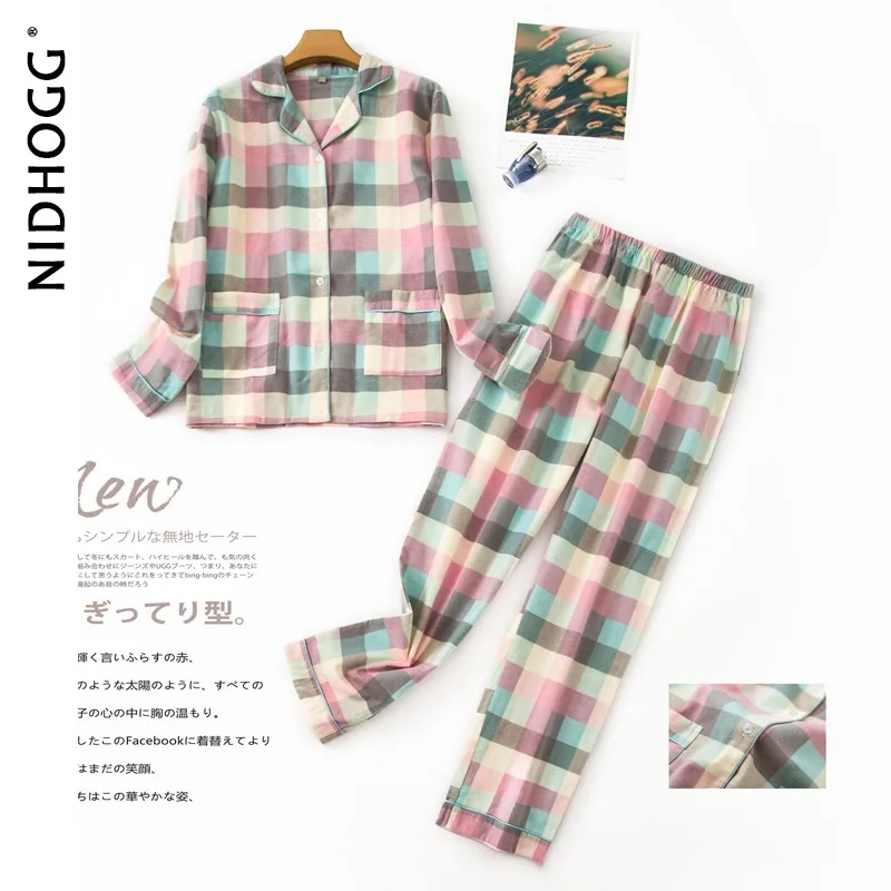 Long Sleeve Pajamas for Women 100% Cotton Plaid Red Sleepwear Lapel Casual Print Set 2 Piece Plus Size Pijamas Home Clothes women pajamas set,cotton pajamas set