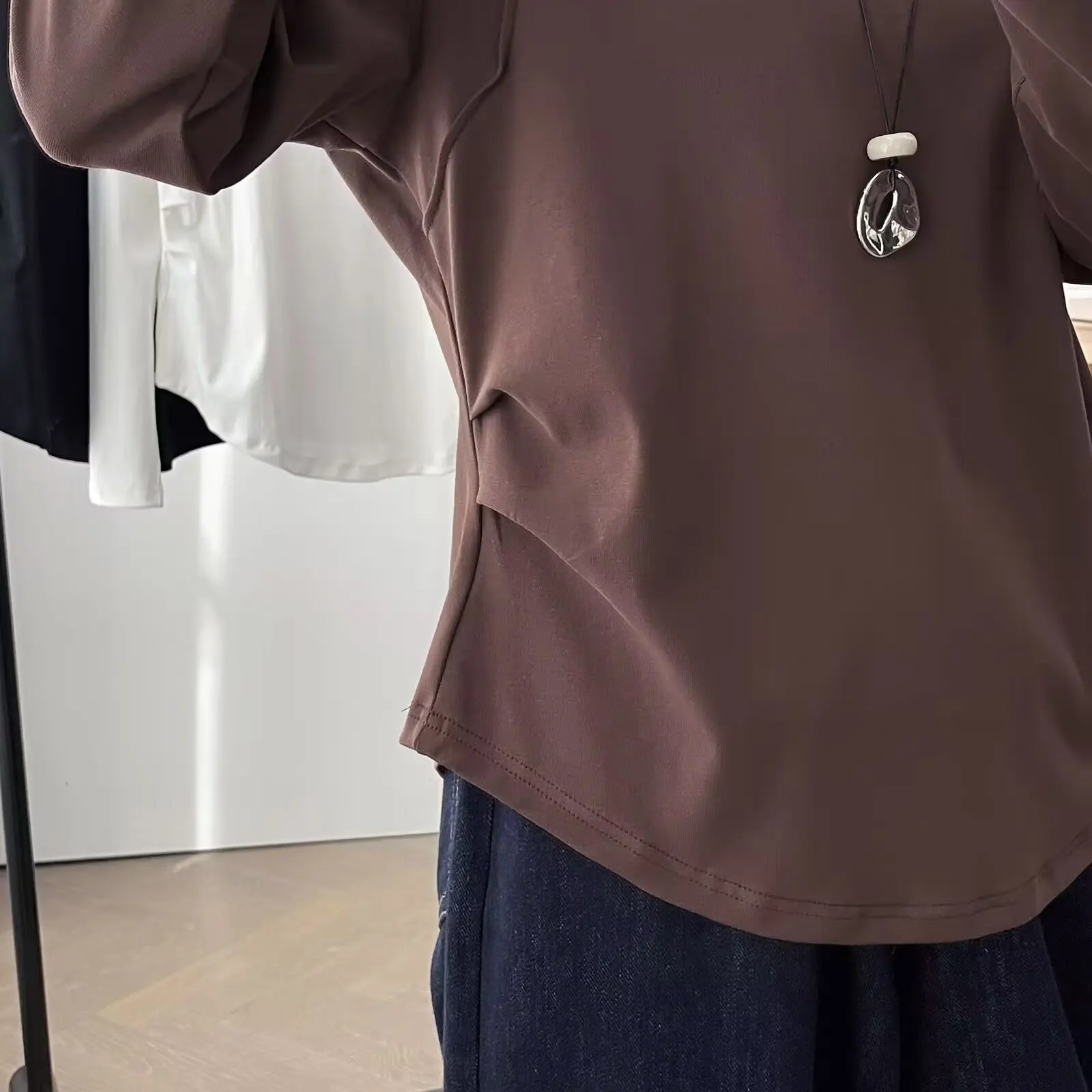 Fashion Plus Size Women's T-Shirt Autumn Casual double-sided Fold Waist Long Sleeve Tops 2538