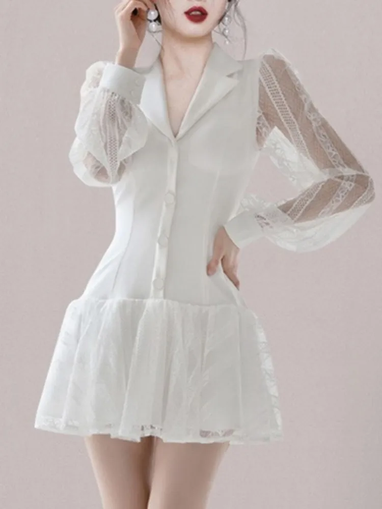 

Slim Patchwork Lace Long Sleeve Dress for Women New Fashion Korean Style Femme Clothes