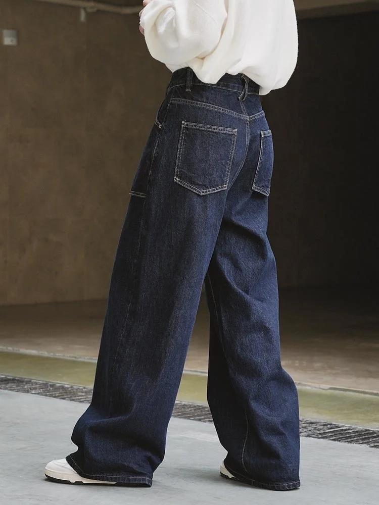 [LANMREM] Solid Streetwear High Waist Jeans Women Loose Wide Legs Straight Female Pants Denim Trousers 2024 Spring New 26D118