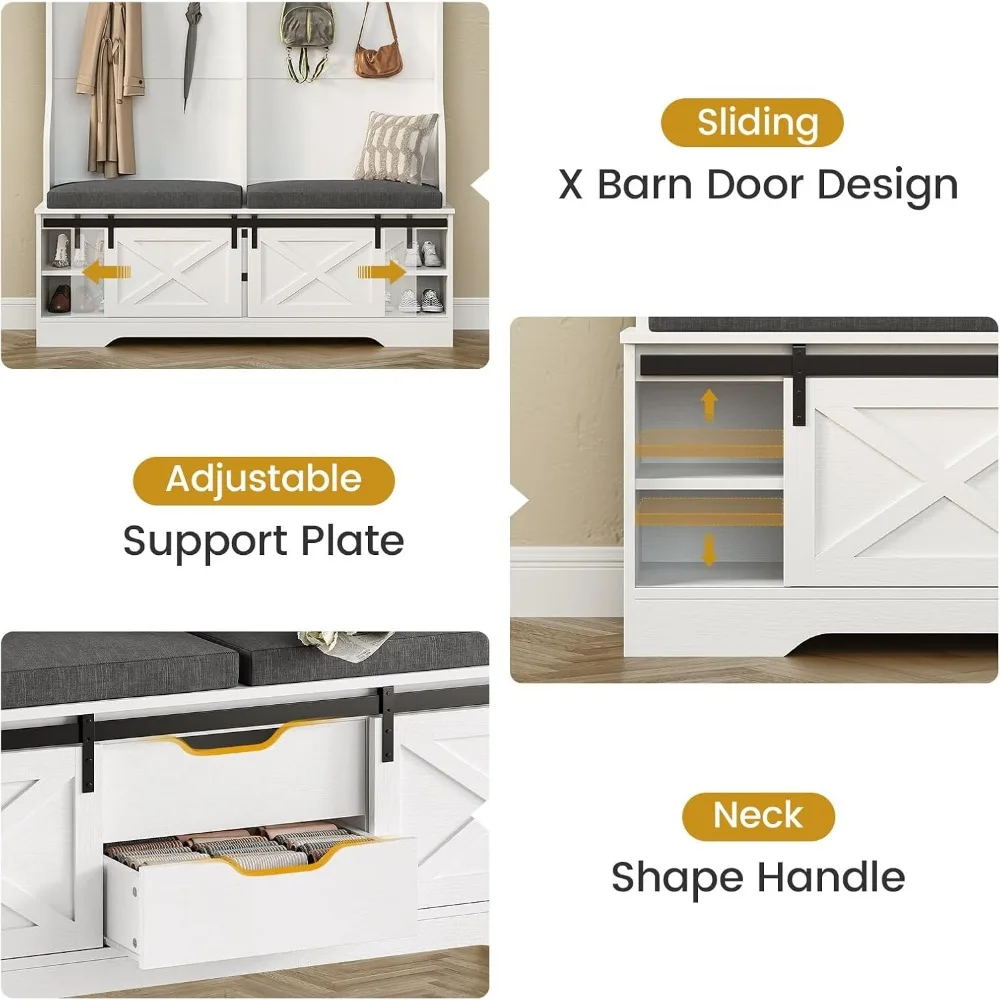 Hall Tree with Bench and Shoe Storage, Entryway Bench with Coat Rack, Modern Farm House Barn Door 3-in-1 Hall Tree, Shoe Rack 3