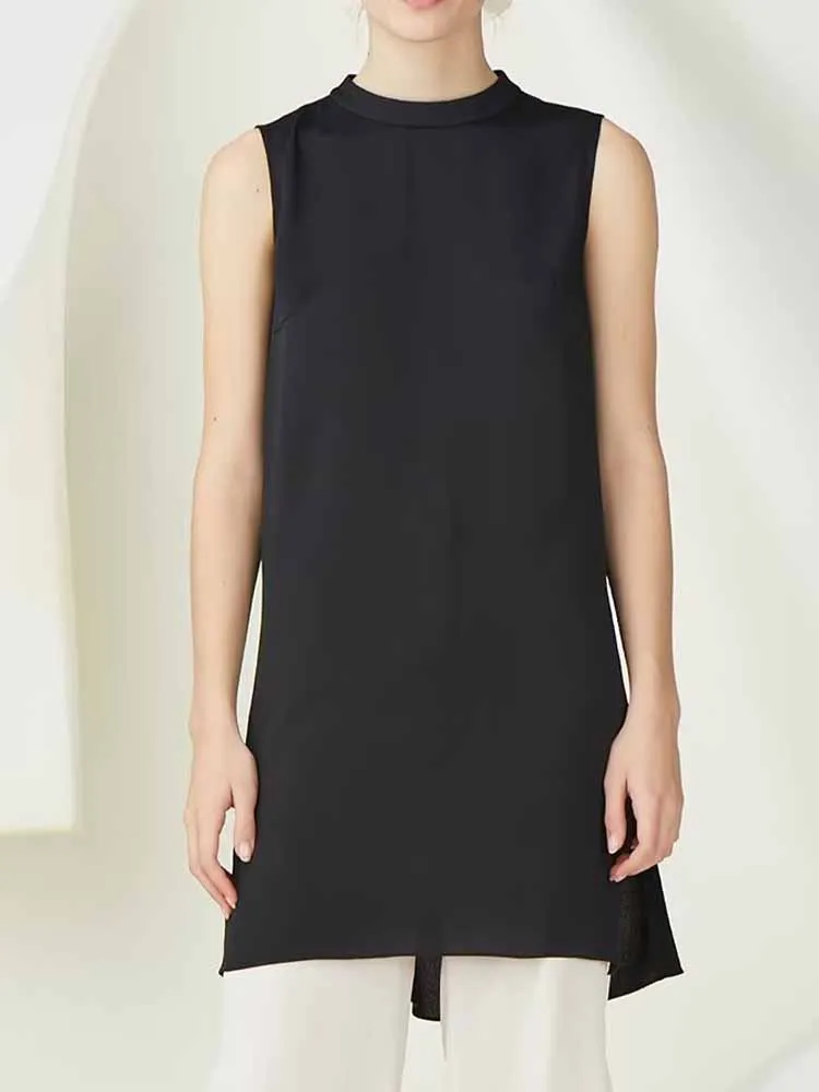 

Women 2023 summer New Fashion Irregular hem design Versatile Sleeveless long shirt Vintage O Neck Female Shirts Chic Tops