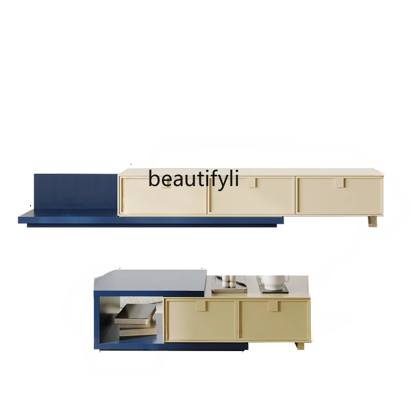 

Simple Modern TV Cabinet and Tea Table Combination Retractable Nordic Solid Wood Living Room Small Apartment Dopamine