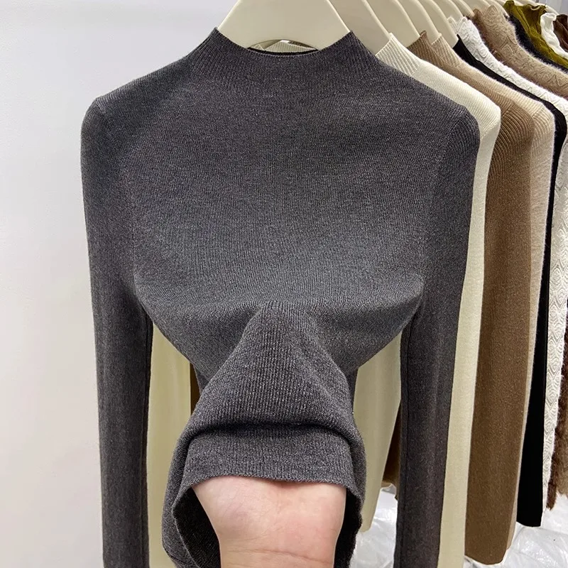 New Fall Semi-Turtleneck Women's Knitted Sweater Autumn and Winter New Solid Color Slim Bottom Shirt