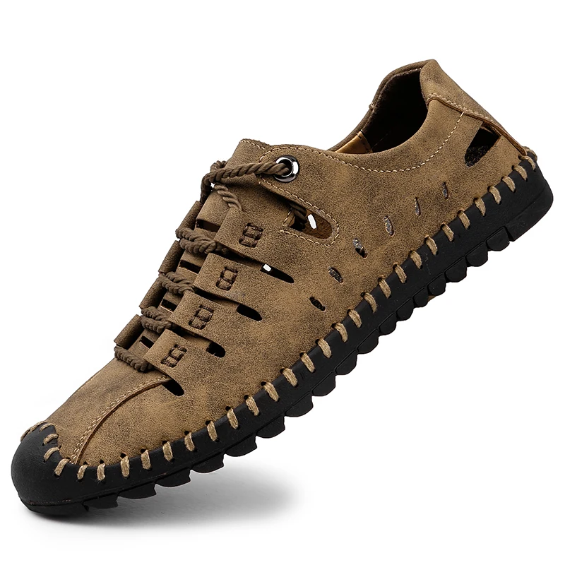 

New Summer Breathable Men Sandal Roman Genuine Leather Handmade Mesh Men Casual Shoes Platform Outdoor Hiking Mesh Beach Sandals
