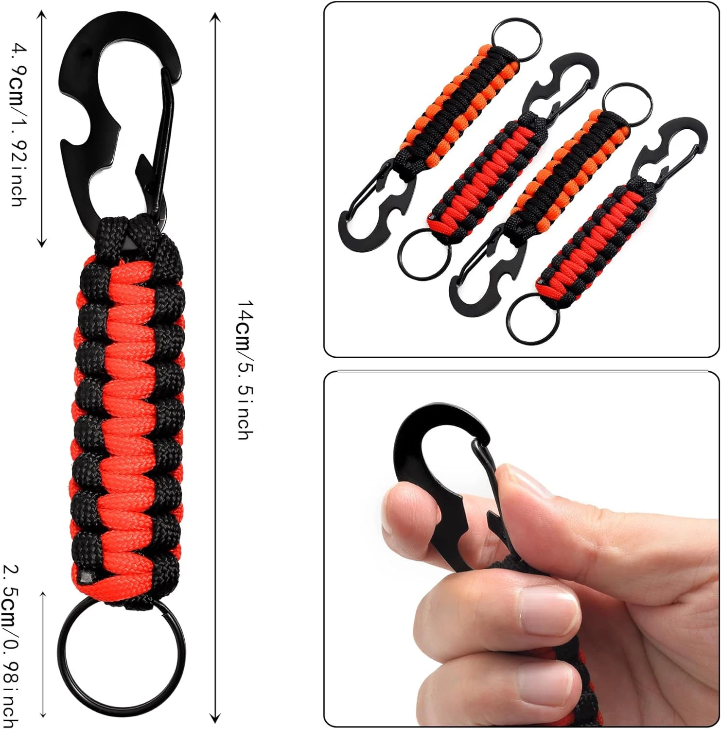 Outdoor Paracord Keychain Ring Camping Carabiner Military Braided Cord Rope Survival Kit Emergency Knot Bottle Opener Tools