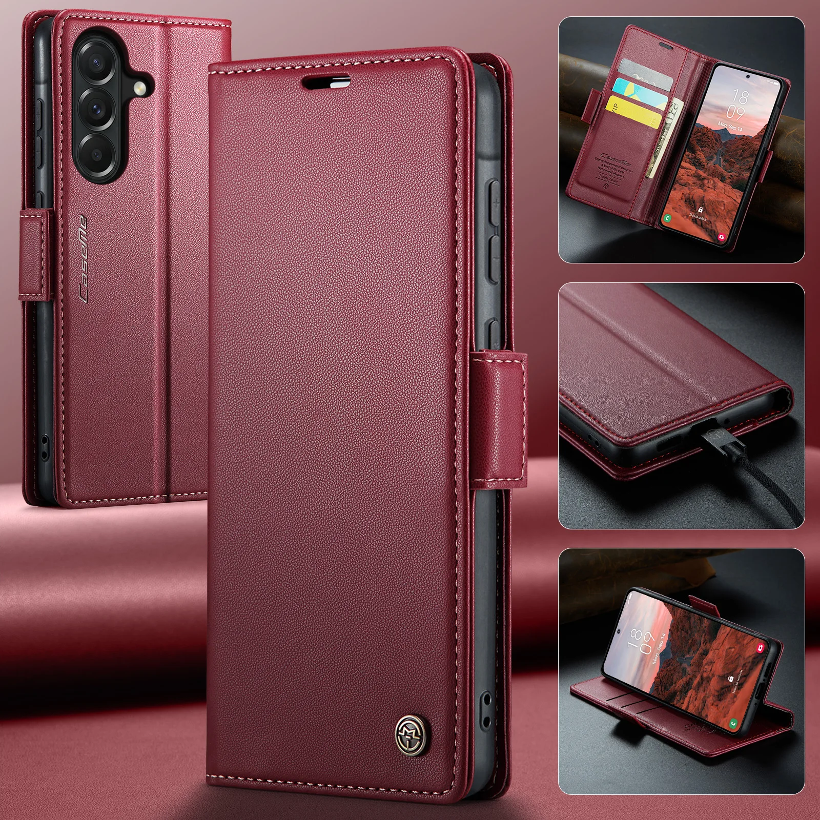 Luxury Flip PU Leather Wallet Case with Card Slot & Stand, Side Buckle Closure