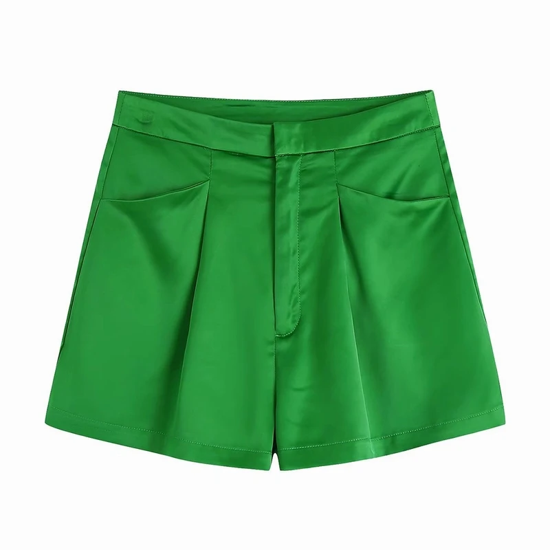 Women Bermuda Short Summer 2022 New Fashion Glossy Green Material