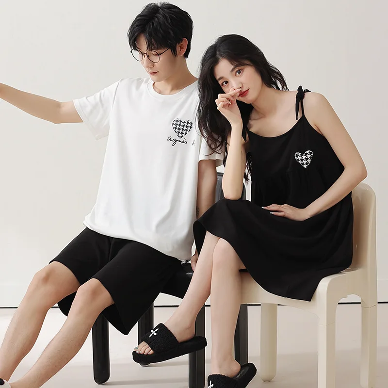 

Korean Couple Pajama Sets Summer 100% Cotton Short Sleeve Men Pyjamas Sexy Women Nightgown Nightdress Female Sleepwear Mujer