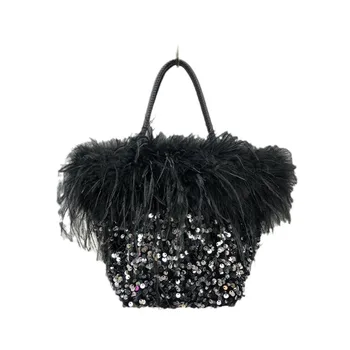 Borsa moda donna vera piuma di struzzo nappa Tote Bags Bohemia Handbag Holiday Party Bags